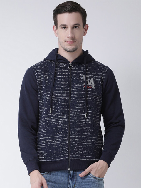 

Club York Men Navy Blue Printed Hooded Sweatshirt