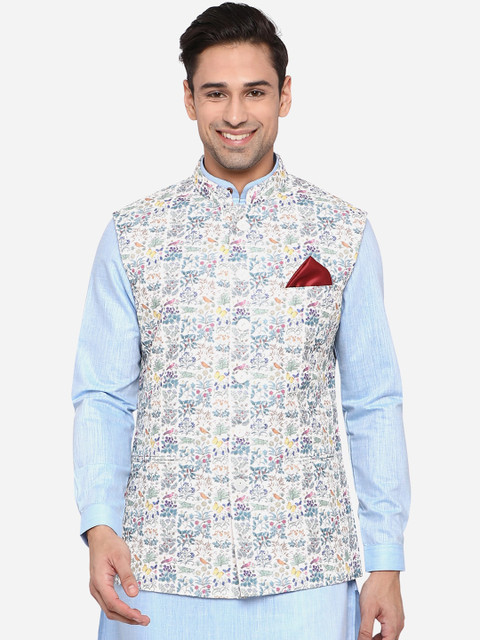 

JB Studio Men Grey & Blue Terry Wool Printed Regular Fit Waistcoat, White