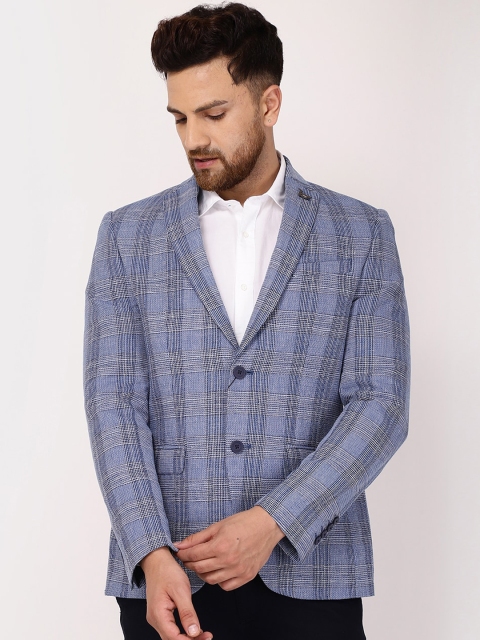 

Blackberrys Men Blue Checked Slim Fit Single Breasted Cotton Blazer