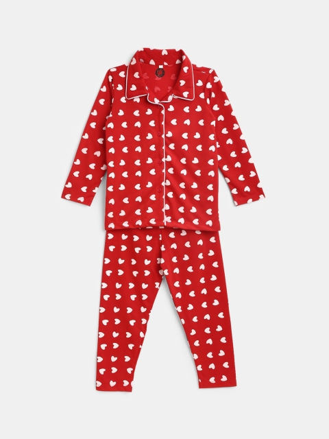 

YK Girls Red & White Heart Printed Night suit