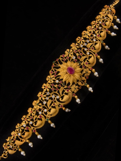 

Alankruthi Gold-Plated & White Stone Studded & Beaded Kamarband