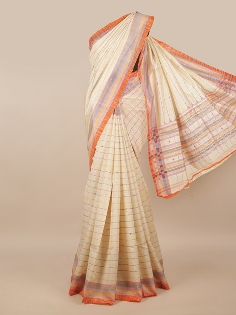 

Pothys Cream-Coloured & Orange Striped Saree