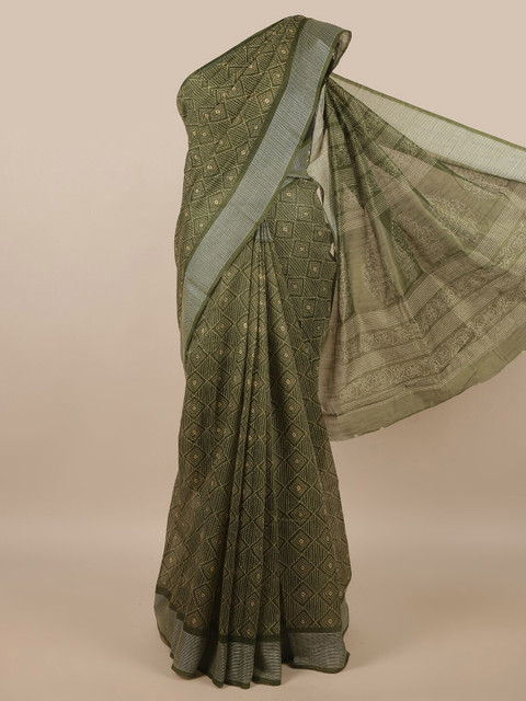 

Pothys Green & White Cotton Blend Saree