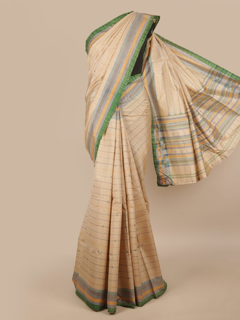 

Pothys Cream-Coloured & Green Cotton Blend Striped Saree