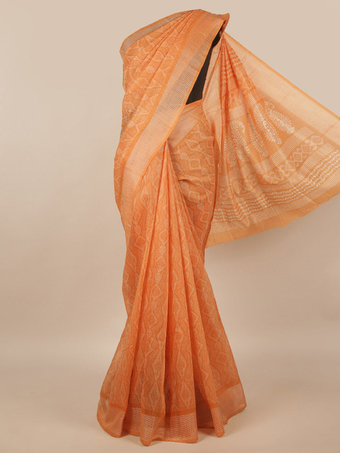 

Pothys Peach-Coloured & White Cotton Blend Saree
