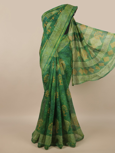 

Pothys Green & Tan Ethnic Motifs Cotton Blend Zari Saree