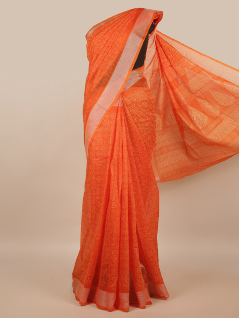 

Pothys Orange & White Ethnic Motifs Cotton Blend Saree