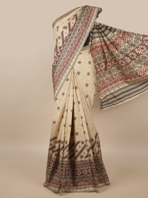 

Pothys Cream-Coloured & Red Ethnic Motifs Cotton Blend Saree