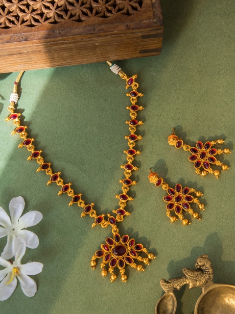 

Alankruthi Gold-Plated & Red Stone-Studded Temple Jewellery Set