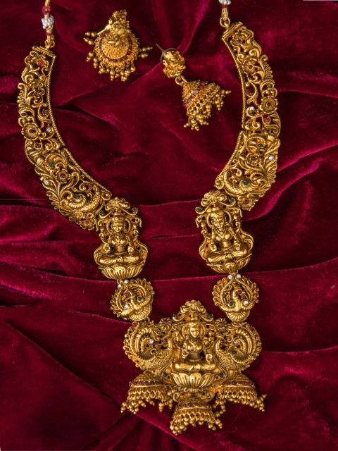 

Alankruthi Gold-Plated Pink & Green Stone-Studded Temple Jewellery Set
