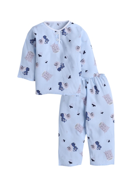 

Hopscotch Boys Blue & Grey Printed Pure Cotton Night suit