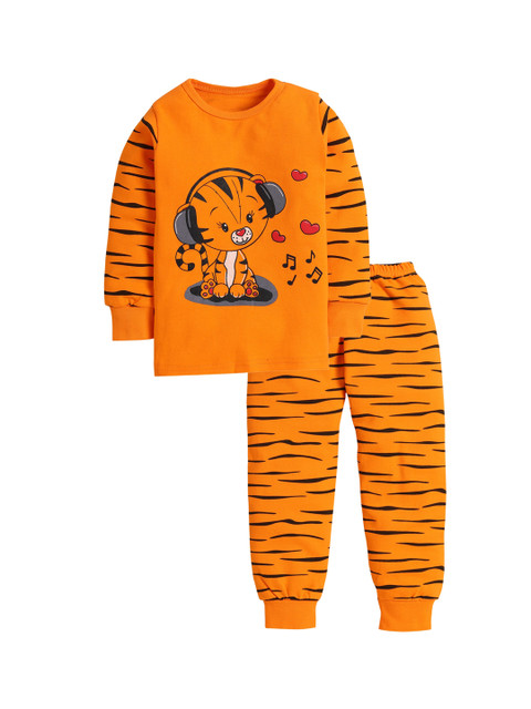 

Hopscotch Unisex Kids Orange & Brown Printed Night suit