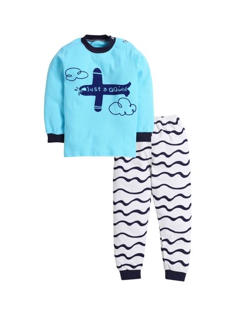 

Hopscotch Boys Blue & White Printed Pure Cotton Night suit