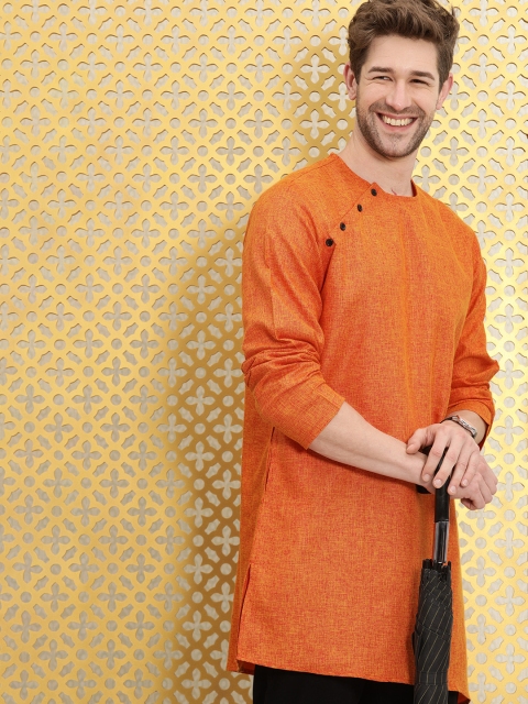 

Ode by House of Pataudi Men Orange Solid Round-Neck Rozana Angrakha Kurta