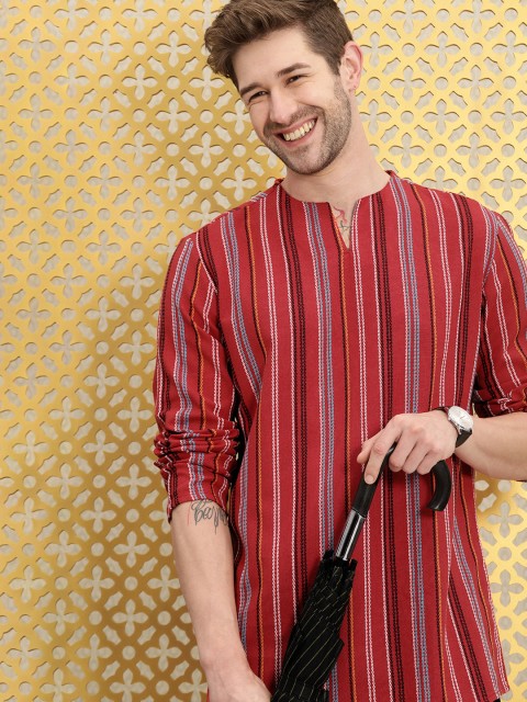 

Ode by House of Pataudi Men Red V-Neck Striped Thread Work Straight Rozana Kurta