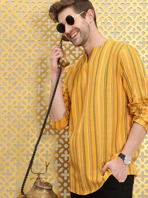 

Ode by House of Pataudi Men Yellow Striped Thread Work Straight Rozana Kurta
