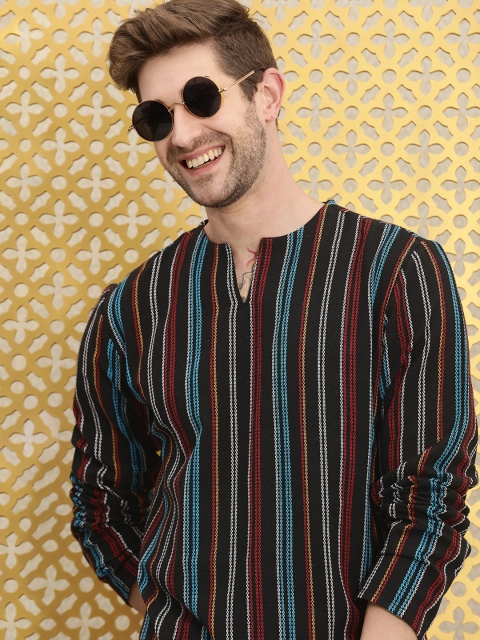 

Ode by House of Pataudi Men Black V-Neck Striped Thread Work Straight Rozana Kurta