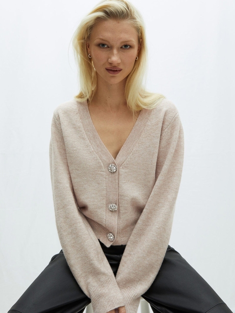 

H&M Woman Beige Rhinestone-button knitted cardigan