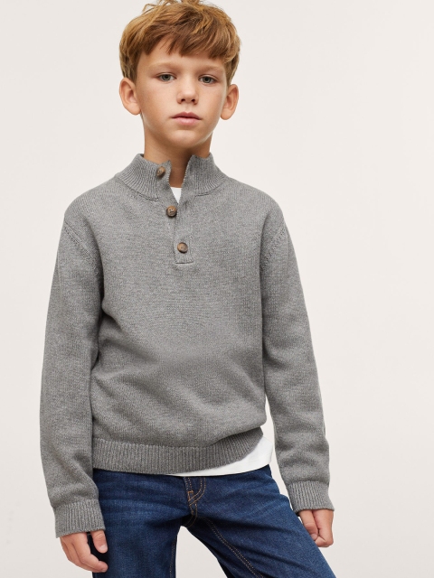 

Mango Kids Boys Grey Melange Pure Cotton Solid Pullover