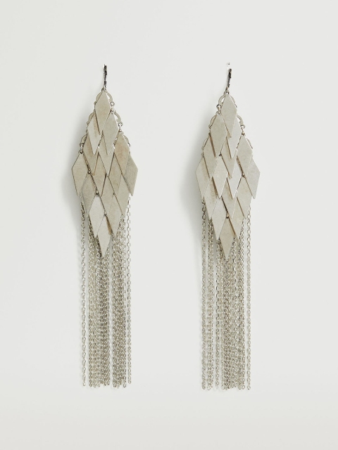 

MANGO Silver-Toned Geometric Tasselled Drop Earrings