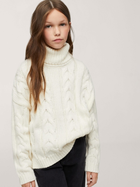 

Mango Kids Girls Off White Solid Cable Knit Turtle Neck Pullover