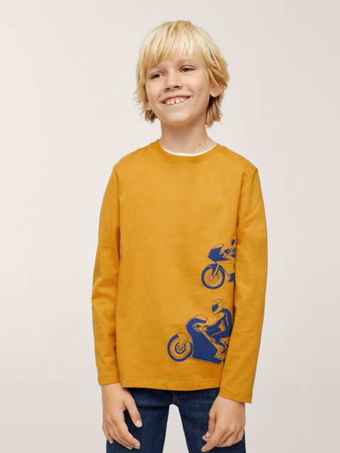 

Mango Kids Boys Mustard Yellow & Navy Blue Pure Cotton Biker Print T-shirt