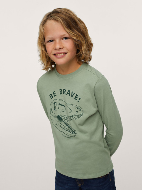 

Mango Kids Boys Olive Green Pure Cotton Printed T-shirt