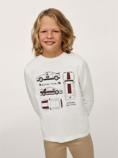 

Mango Kids Boys White & Black Pure Cotton Racing Cars Print T-shirt