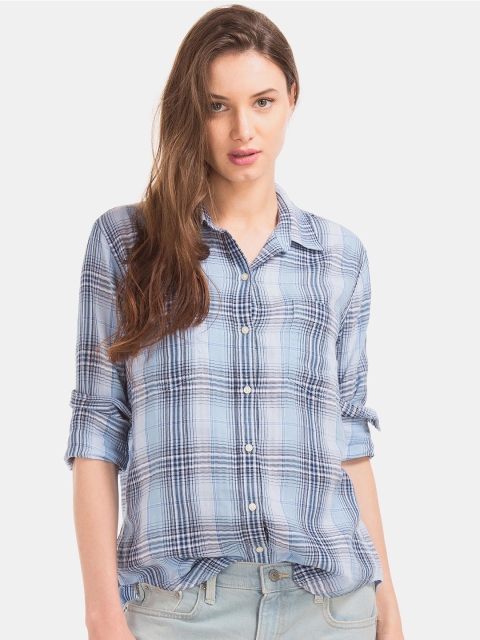 

GAP Women Blue Checked Cotton Plaid Boyfriend Shirt