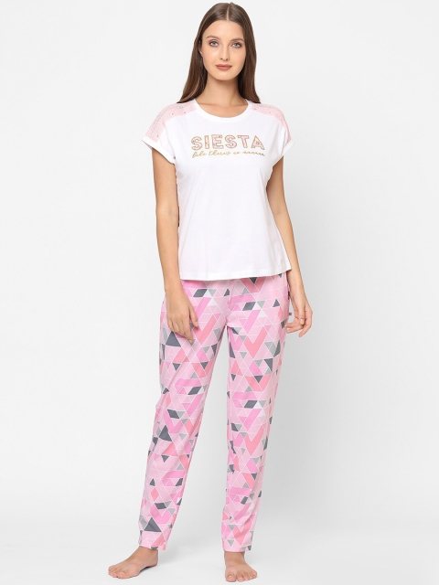

MAYSIXTY Women Pink & White Pure Cotton Printed Night suit
