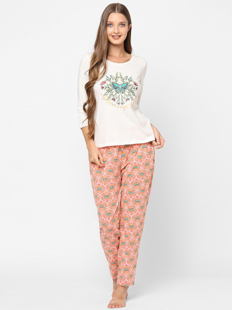 

MAYSIXTY Women Orange & White Printed Night suit