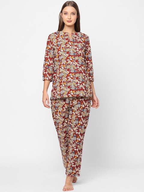 

MAYSIXTY Women Maroon & Blue Printed Pure Cotton Night suit
