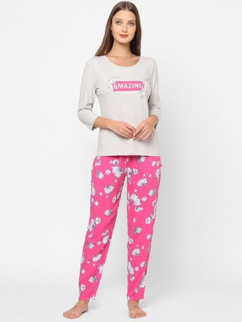 

MAYSIXTY Women Pink & Cream-Coloured Printed Night suit