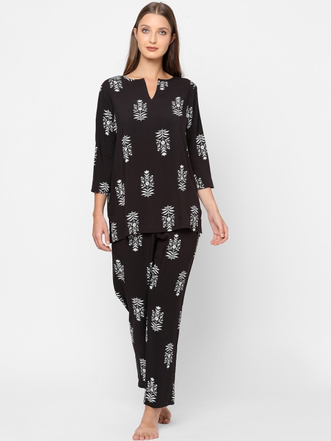 

MAYSIXTY Women Black & White Printed Pure Cotton Night suit