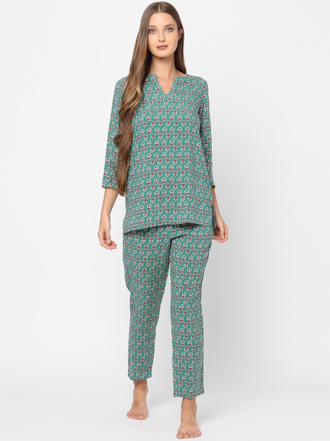 

MAYSIXTY Women Green & White Printed Night suit