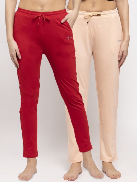 

NEUDIS Women Pack Of 2 Solid Cotton Slim Lounge Pants, Red