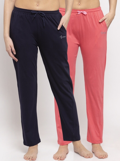 

NEUDIS Women Pack Of 2 Pink & Navy Blue Solid Cotton Lounge Pants