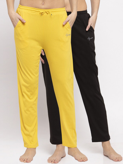 

NEUDIS Women Pack Of 2 Solid Cotton Lounge Pants, Yellow