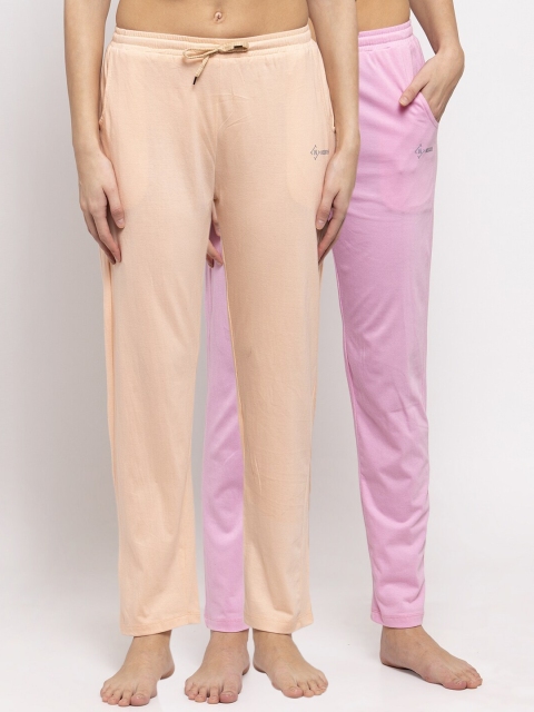 

NEUDIS Women Pack Of 2 Pink & Peach Solid Cotton Lounge Pants