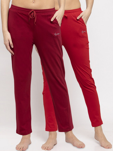 

NEUDIS Women Pack Of 2 Solid Cotton Lounge Pants, Red