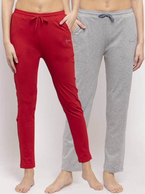 

NEUDIS Women Pack Of 2 Red & Grey Solid Cotton Lounge Pants