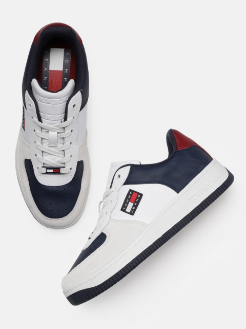 

Tommy Hilfiger Men White & Navy Blue Leather Basket Varsity Sneakers