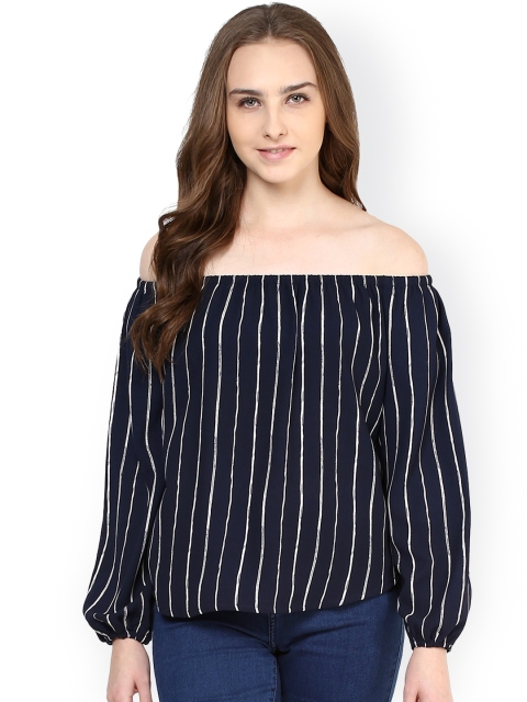 

Harpa Women Navy Striped Off-Shoulder Top, Navy blue