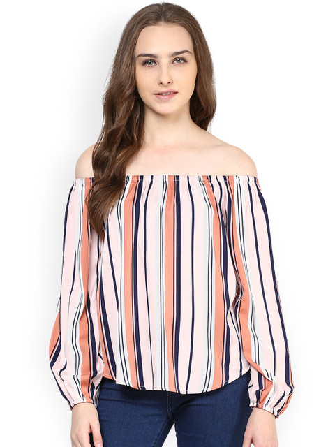 

Harpa Women Peach-Coloured Striped Off-Shoulder Top