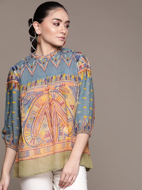 

Label Ritu Kumar Blue & Orange Ethnic Print Smocked Longline Top