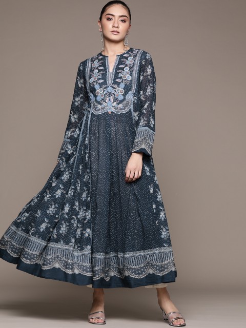

Ritu Kumar Navy Blue & Grey Ethnic Motifs Ditsy Printed Thread Work Tie-Ups Anarkali Kurta