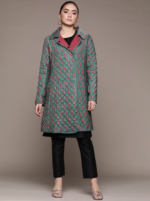 

Ritu Kumar Teal Green & Red Floral Print Quilted Velvet Finish Longline Tailored Jacket