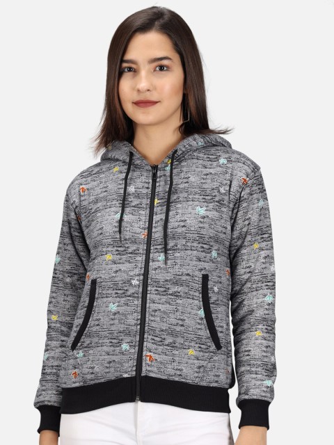 

ANTI CULTURE Women Grey Printed Fleece Hooded Sweatshirt