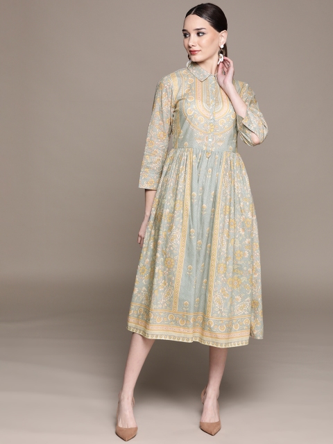 

aarke Ritu Kumar Mint Green & Mustard Yellow Ethnic Motifs Print Cotton Shirt Midi Dress