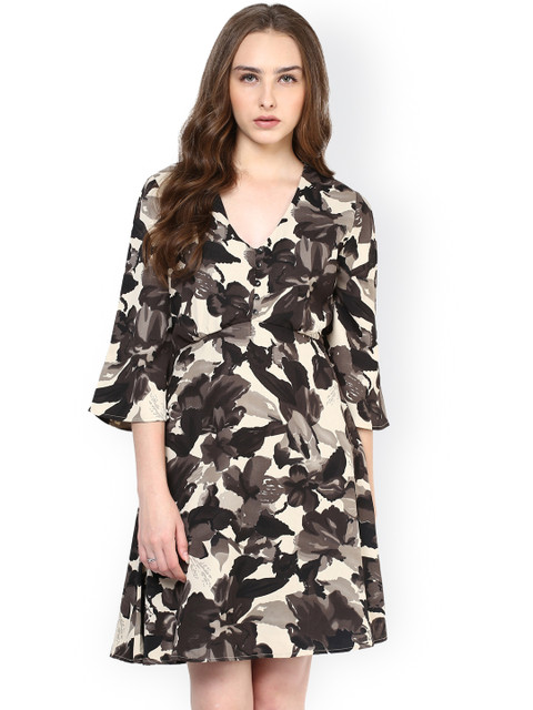

Harpa Beige & Black Printed Crepe A-line Dress
